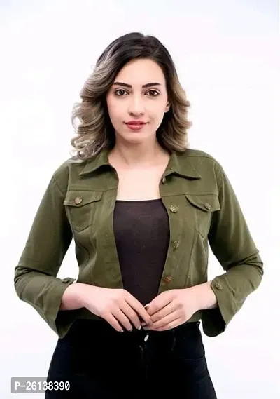 Contemporary Green Denim Solid Jackets For Women-thumb0