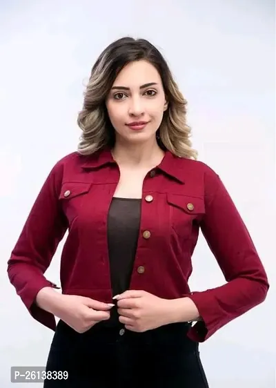 Contemporary Maroon Denim Solid Jackets For Women-thumb0