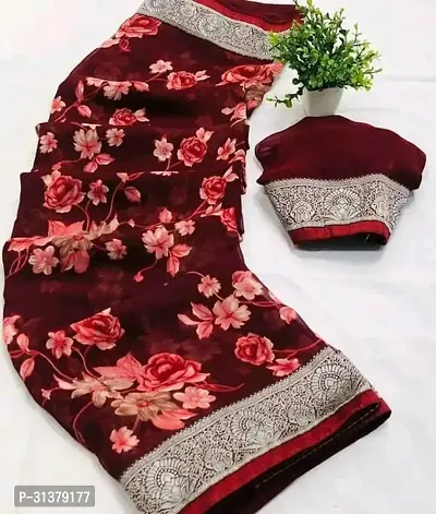 Stylish Georgette Maroon Printed Saree with Blouse piece For Women-thumb0