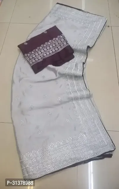 Stylish Chiffon Grey Embroidered Saree with Blouse piece For Women