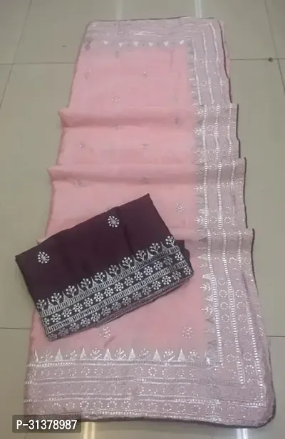 Stylish Chiffon Pink Embroidered Saree with Blouse piece For Women-thumb3