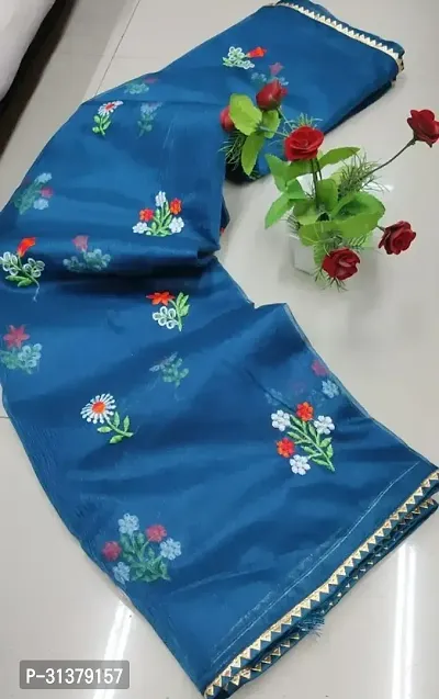 Stylish Organza Blue Embroidered Saree with Blouse piece For Women-thumb0