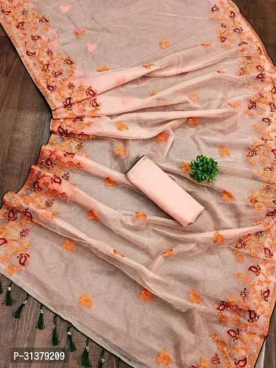 Stylish Organza Peach Embroidered Saree with Blouse piece For Women