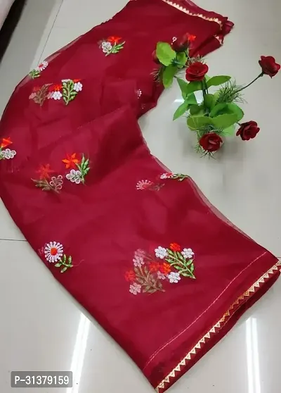 Stylish Organza Red Embroidered Saree with Blouse piece For Women