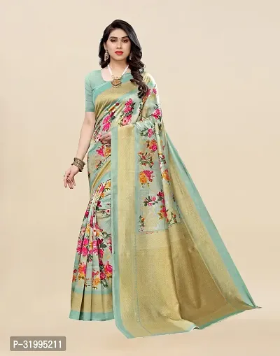 Stylish Turquoise Cotton Silk Saree With Blouse Piece For Women-thumb0