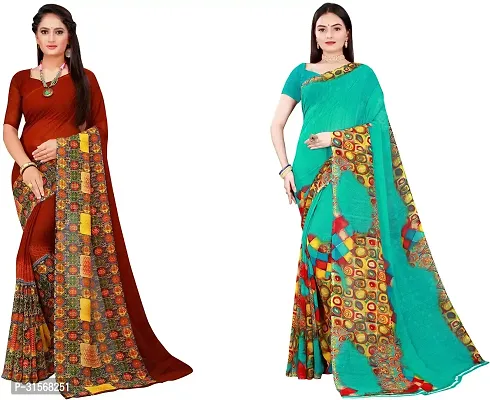 Stylish Georgette Multicoloured Printed Saree with Blouse piece For Women Pack Of 2-thumb0