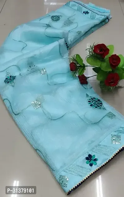 Stylish Organza Blue Embroidered Saree with Blouse piece For Women-thumb0