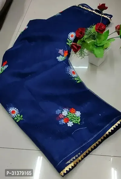 Stylish Organza Blue Embroidered Saree with Blouse piece For Women