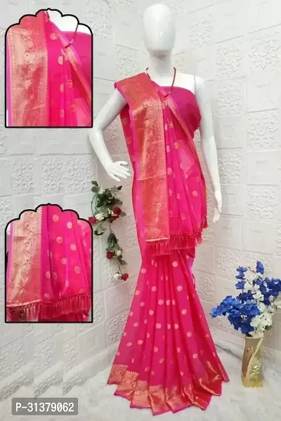 Stylish Chiffon Pink Woven Design Saree with Blouse piece For Women-thumb0