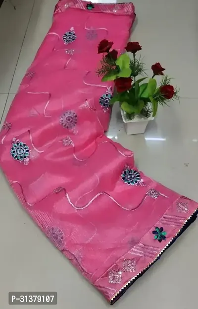 Stylish Organza Pink Embroidered Saree with Blouse piece For Women