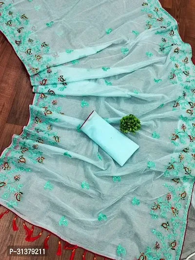 Stylish Organza Turquoise Embroidered Saree with Blouse piece For Women-thumb0