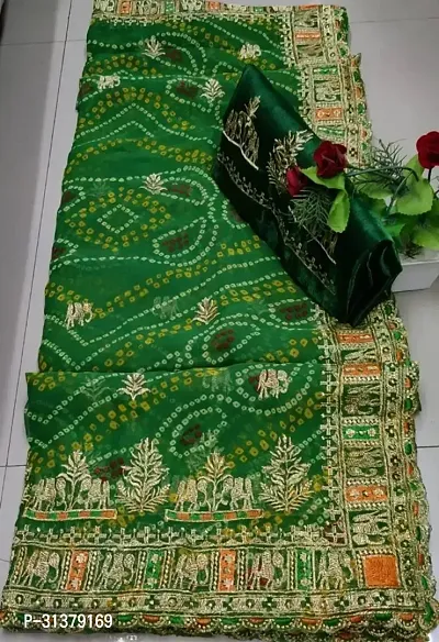 Stylish Georgette Green Embroidered Saree with Blouse piece For Women