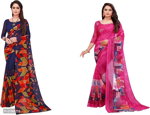 Stylish Georgette Multicoloured Printed Saree with Blouse piece For Women Pack Of 2-thumb0