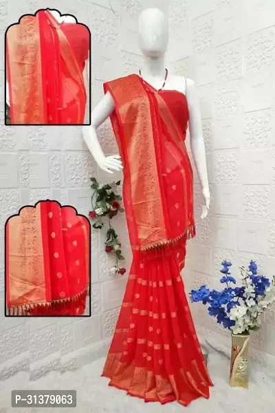 Stylish Chiffon Red Woven Design Saree with Blouse piece For Women-thumb0