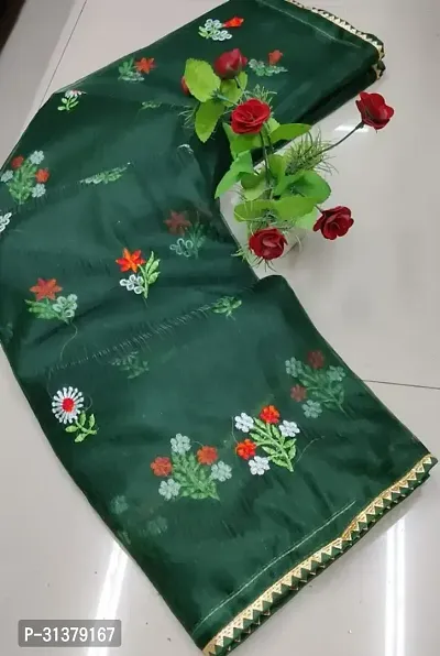 Stylish Organza Green Embroidered Saree with Blouse piece For Women