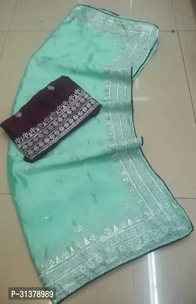 Stylish Chiffon Green Embroidered Saree with Blouse piece For Women