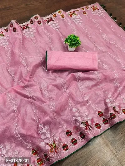 Stylish Organza Pink Embroidered Saree with Blouse piece For Women