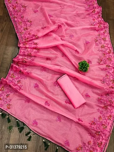 Stylish Organza Pink Embroidered Saree with Blouse piece For Women