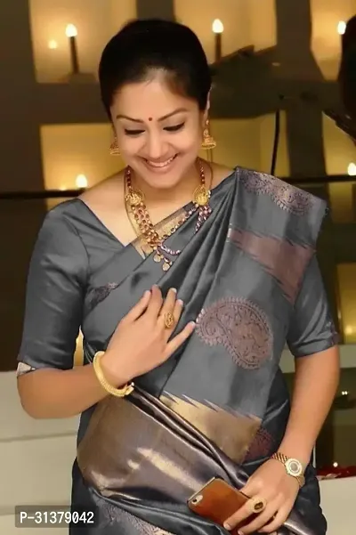 Stylish Art Silk Grey Woven Design Saree with Blouse piece For Women