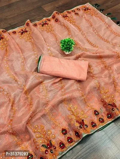 Stylish Organza Peach Embroidered Saree with Blouse piece For Women-thumb0