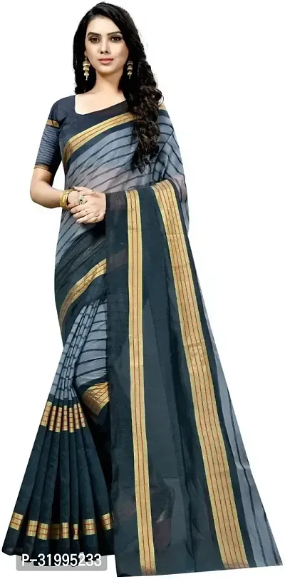 Stylish Grey Cotton Silk Saree With Blouse Piece For Women-thumb0