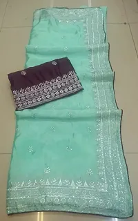 Stylish Chiffon Green Embroidered Saree with Blouse piece For Women-thumb2