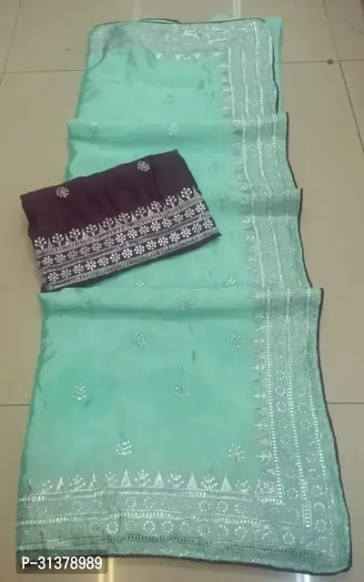 Stylish Chiffon Green Embroidered Saree with Blouse piece For Women-thumb3