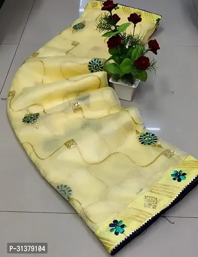 Stylish Organza Yellow Embroidered Saree with Blouse piece For Women