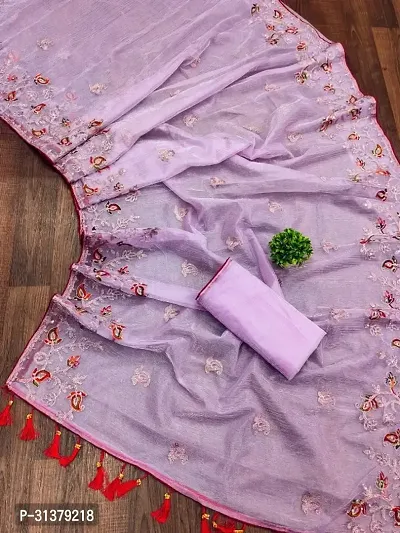 Stylish Organza Purple Embroidered Saree with Blouse piece For Women