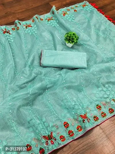 Stylish Organza Turquoise Embroidered Saree with Blouse piece For Women-thumb0