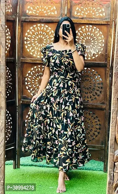 Stylish Black Georgette Printed Fit And Flare Dress For Women