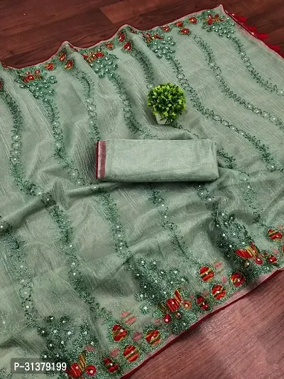 Stylish Organza Green Embroidered Saree with Blouse piece For Women