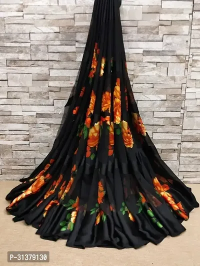 Stylish Georgette Black Printed Saree with Blouse piece For Women