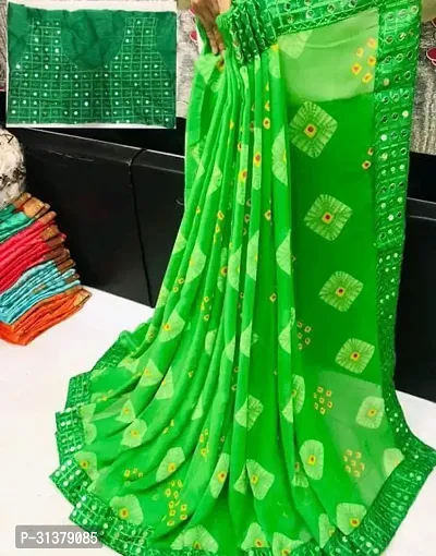 Stylish Georgette Green Printed Saree with Blouse piece For Women-thumb0