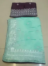 Stylish Chiffon Green Embroidered Saree with Blouse piece For Women-thumb1