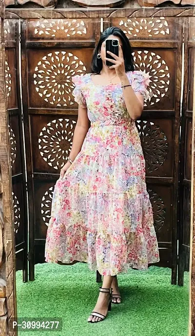 Stylish Pink Georgette Printed Fit And Flare Dress For Women