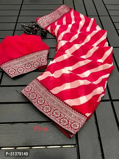 Stylish Georgette Red Striped Saree with Blouse piece For Women-thumb0