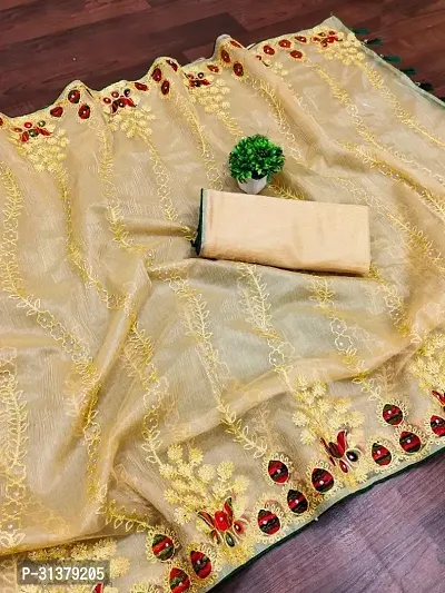 Stylish Organza Yellow Embroidered Saree with Blouse piece For Women-thumb0