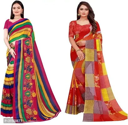 Stylish Georgette Multicoloured Printed Saree with Blouse piece For Women Pack Of 2-thumb0