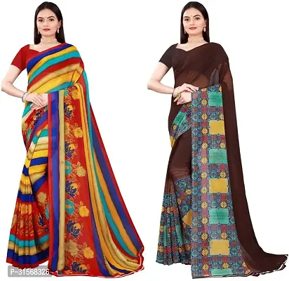 Stylish Georgette Multicoloured Printed Saree with Blouse piece For Women Pack Of 2-thumb0