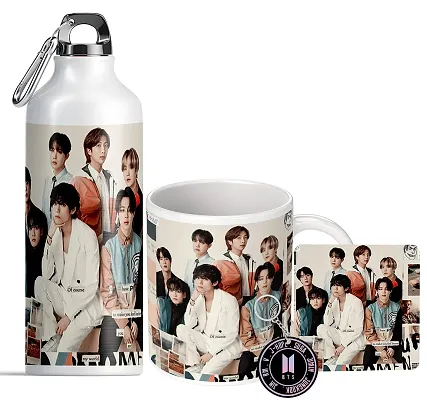 NH10 DESIGNS BTS Sipper Water Bottle Cup Keychain Combo Set For