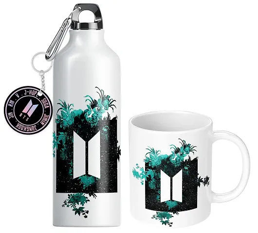 NH10 DESIGNS BTS Printed Mug 350ml, BTS Sipper Water Bottle 600ml and BTS Logo Keychain Pack of 3| BTS Signature Printed Gift For Girls Boys Friends Birthday Gifts BTS Music Band V Suga J-Hope Jungkook Jin Jimin Rm, BTS Mug, BTS Water Bottle, BTS Keychain -B61MSK 05