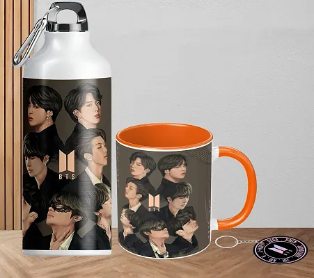 NH10 DESIGNS BTS Sipper Water Bottle Cup Keychain Combo Set For