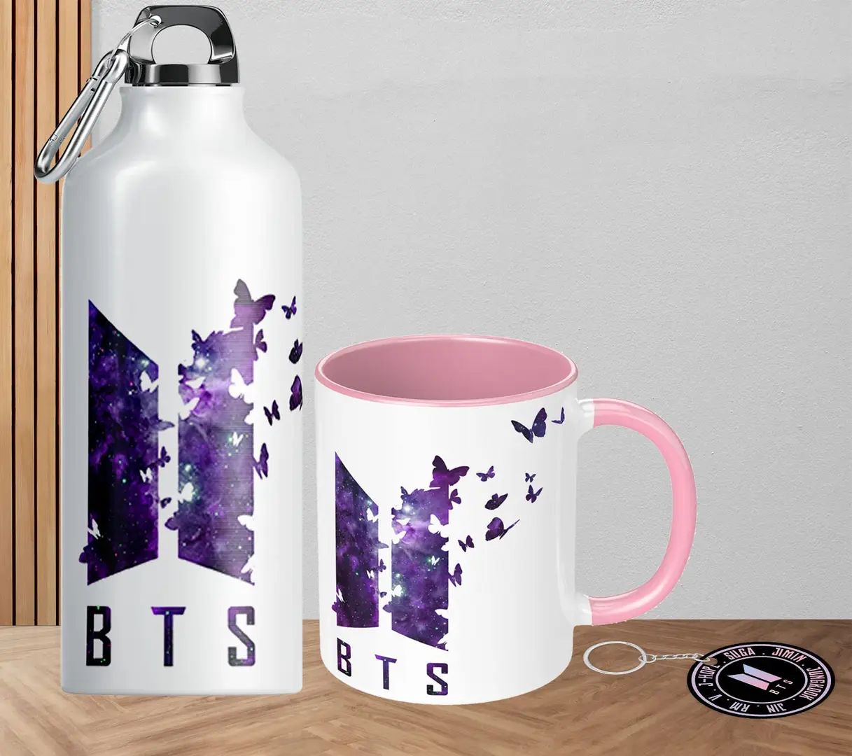 NH10 DESIGNS BTS Sipper Water Bottle Cup Keychain Combo Set For