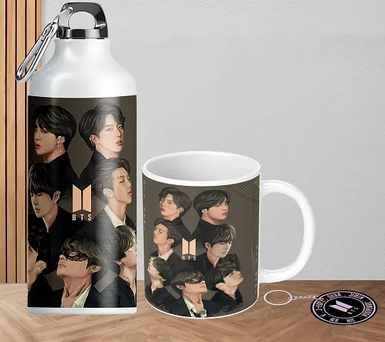 NH10 DESIGNS BTS Printed Mug 350ml, BTS Sipper Water Bottle 600ml and BTS Logo Keychain Pack of 3| BTS Signature Printed Gift For Girls Boys Friends Birthday Gifts BTS Music Band V Suga J-Hope Jungkook Jin Jimin Rm, BTS Mug, BTS Water Bottle, BTS Keychain -B61MSK 01