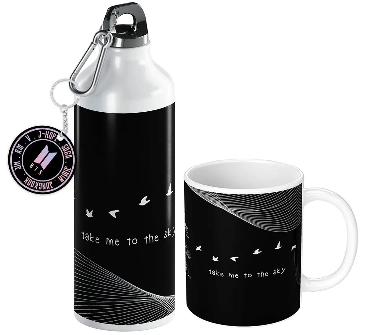 NH10 DESIGNS BTS Sipper Water Bottle Cup Keychain Combo Set For