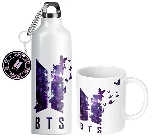 NH10 DESIGNS BTS Printed Mug 350ml, BTS Sipper Water Bottle 600ml and BTS Logo Keychain Pack of 3| BTS Signature Printed Gift For Girls Boys Friends Birthday Gifts BTS Music Band V Suga J-Hope Jungkook Jin Jimin Rm, BTS Mug, BTS Water Bottle, BTS Keychain -B61MSK 03