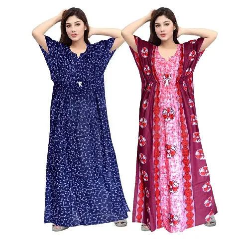 Hoorain Enterprises 100% Cotton Nighty for Women || Long Length Printed Nighty/Maxi/Night Gown/Night Dress/Nightwear Inner & Sleepwear for Women's (Combo Pack of 2)