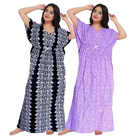 Hoorain Enterprises 100% Cotton Nighty for Women || Long Length Printed Nighty/Maxi/Night Gown/Night Dress/Nightwear Inner & Sleepwear for Women's (Combo Pack of 2)