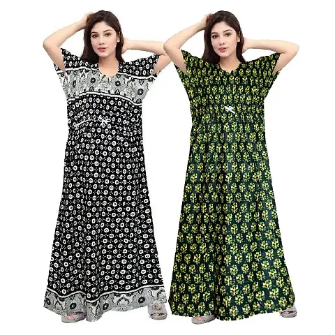 Hoorain Enterprises 100% Cotton Nighty for Women || Long Length Printed Nighty/Maxi/Night Gown/Night Dress/Nightwear Inner & Sleepwear for Women's (Combo Pack of 2)